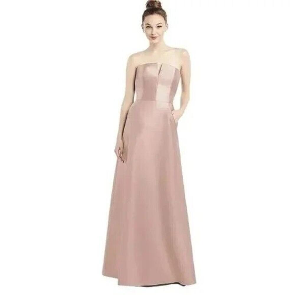 NWT Alfred Sung Strapless Notch Twill Satin Maxi Dress Pockets 6 Toasted Sugar